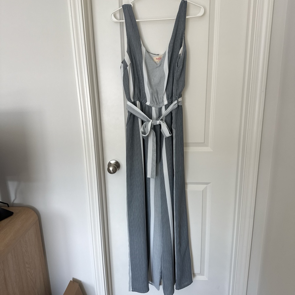 Peach Love California Navy and White Striped Jumpsuit